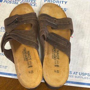 NAOT Deep Metallic Pewter Leather Open Toe Slip On  Sandals